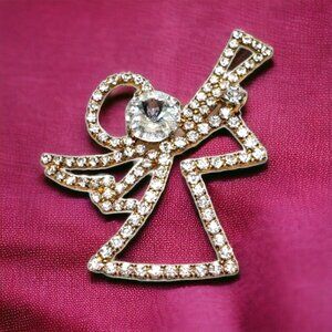 Vtg Signed EISENBERG ICE Angel Brooch Rhinestone  Christmas Pin Gold Tone